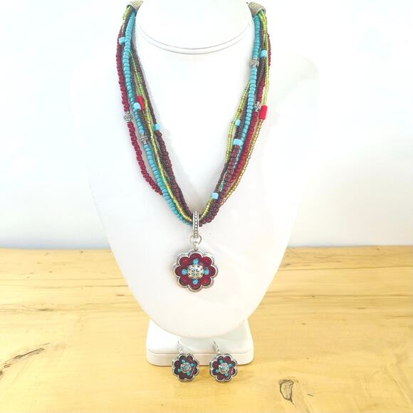 Southwestern Style Vtg Necklace Pendant Earrings Turquoise Red Avon Bead Enamel - Picture 1 of 15